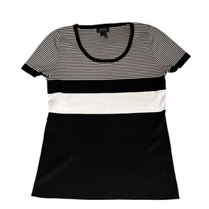 GRACE  KNIT DRESSING‎ Black White Stripe Scoop Neck Knit Top  Womens L